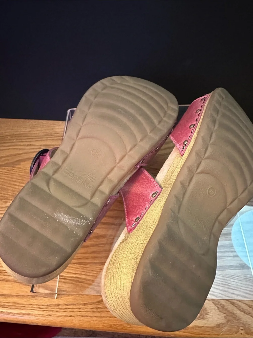 Dansko Pink Distressed Leather Wedge Buckle Sandals